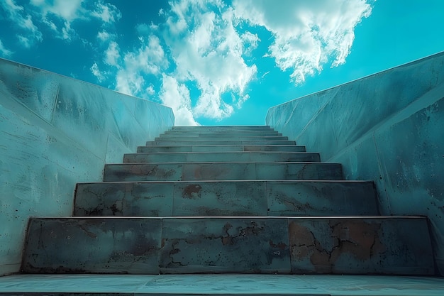Des escaliers s'élèvent vers un ciel rempli de nuages