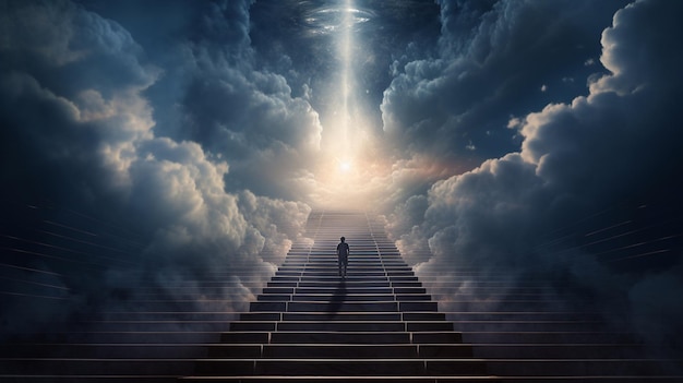 Escaliers vers le ciel se dirigeant vers le ciel lumière brillante de la porte du ciel Concept art Lumière épique