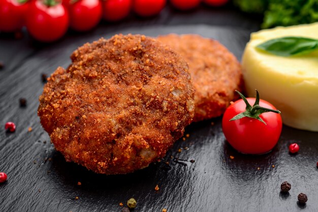 Escalope aux pommes de terre bouillies sur une plaque noire, sur une surface noire