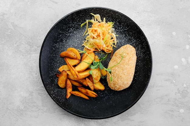 Escalope farcie au fromage servie avec quartiers de pommes de terre frites et choucroute