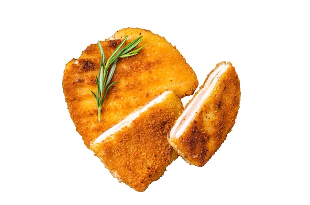 Escalope de filet de Schnitzel Cordon bleu avec jambon et fromage isolé sur fond blanc