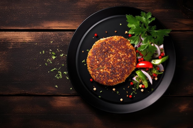 Escalope frite sur plaque noire avec légumes Vue de dessus Espace vide pour le texte