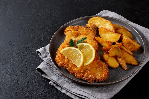 escalope de poulet avec pommes de terre idaho sur une plaque sombre