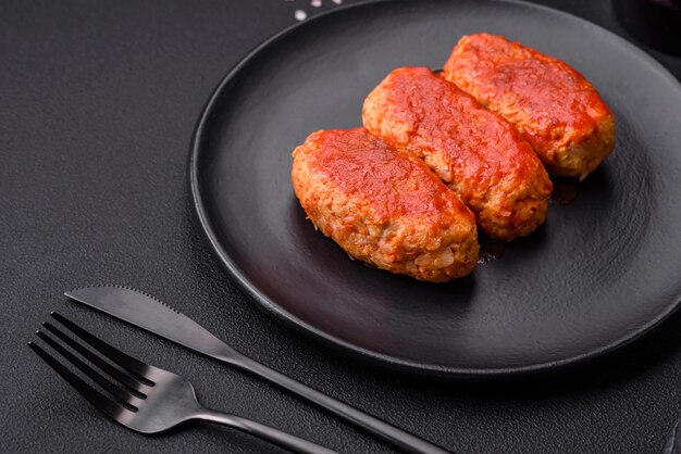 Escalope de viande ou boulettes de viande à la sauce tomate avec sel d'ail, épices et herbes