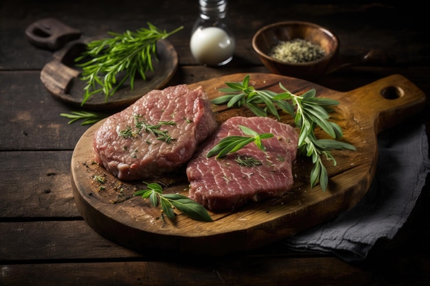 Escalopes de boeuf frais sur une table en bois