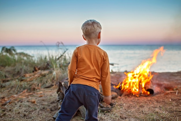 Escapade familiale locale. Kid rassemblant des bûches en bois pour feu de camp au camping, pendant la nuit dans la nature sauvage, mode de vie sain et actif, été en toute sécurité, concept d'emplacement de séjour