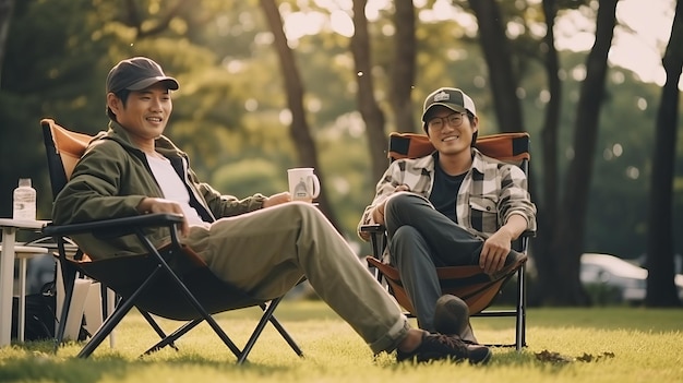 Une escapade tranquille Un duo asiatique aventureux se détend avec un café au milieu de la beauté de la nature