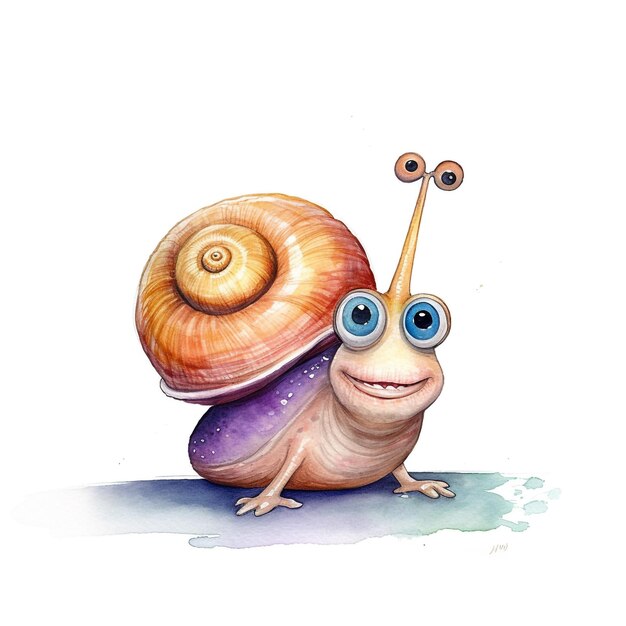 Un escargot avec une coquille violette et des yeux bleus est peint sur un fond blanc.