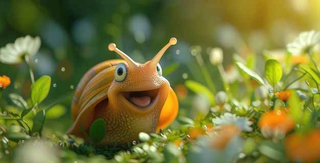 L'escargot de dessin animé amusant explore un champ de fleurs