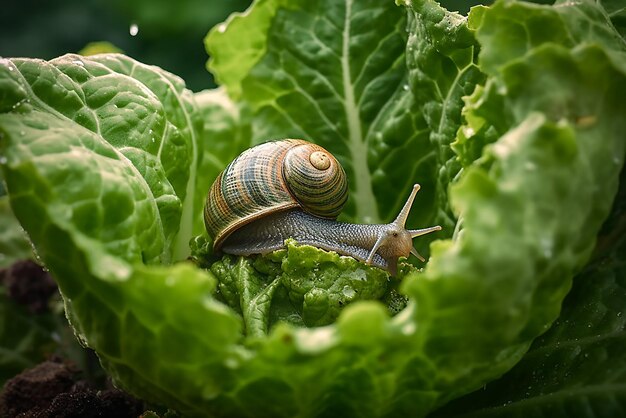 L'escargot du jardin assis sur le chou mangeant des plantes fraîches dans le jardin des ravageurs nocifs