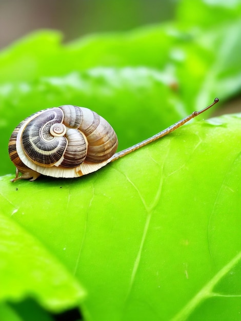 Un escargot est assis sur une feuille verte avec une grande queue