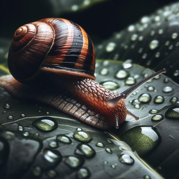 un escargot est sur une feuille avec des gouttes d'eau