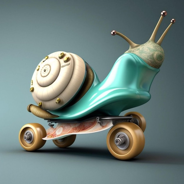 Un escargot est sur une planche à roulettes avec une coquille bleue.