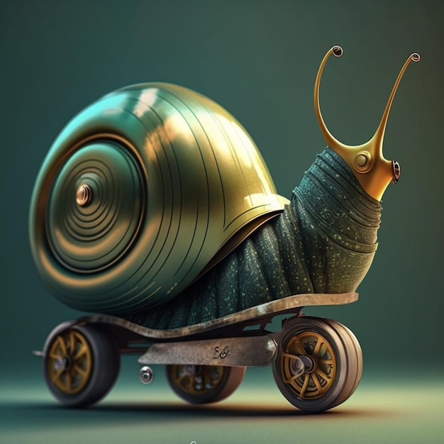 Un escargot est sur une planche à roulettes avec le mot " dessus "