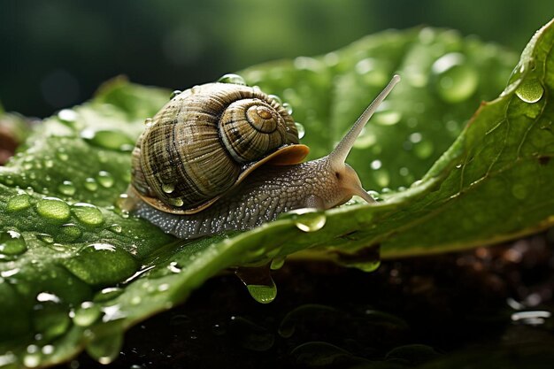 un escargot sur une feuille verte avec des gouttes d'eau