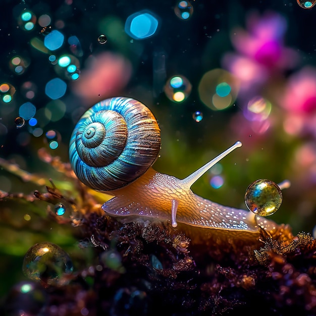 Escargot irisé dans une forêt de fées Gros plan sur une coquille scintillante AI Generative