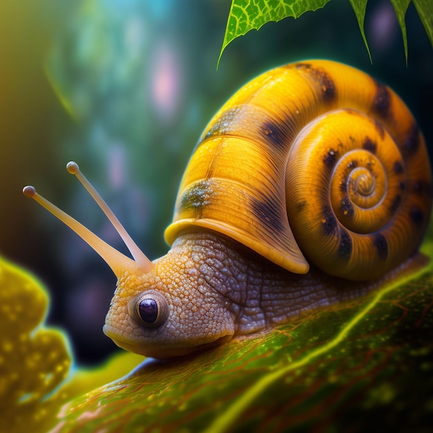 Un escargot jaune est peint sur une feuille verte.