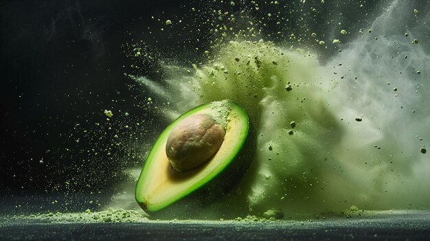 Photo un escargot mange un avocado dans une coquille verte nourriture d'avocado frais éclaboussure de poussière d'avocat santé créative