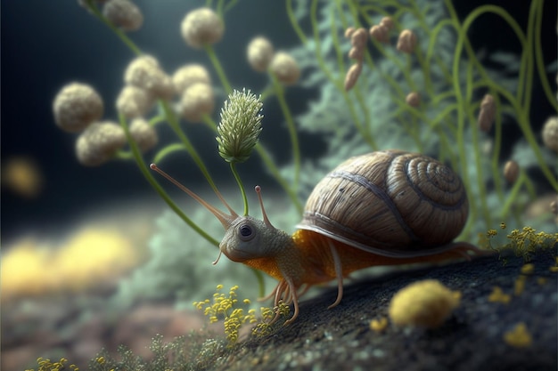 Un escargot marche sur une plante avec une fleur en arrière-plan.