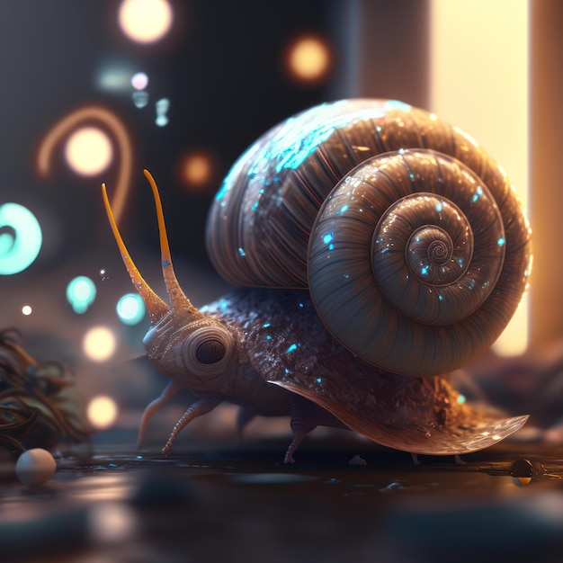 Photo un escargot marche sur une surface sombre avec une lumière dessus.