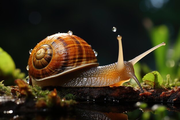 Un escargot de rosée dans un jardin avec des gouttes d'eau