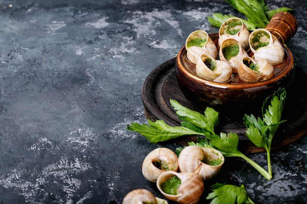 Escargots au four avec du beurre à l'ail et des herbes fraîches dans une poêle, selective focus