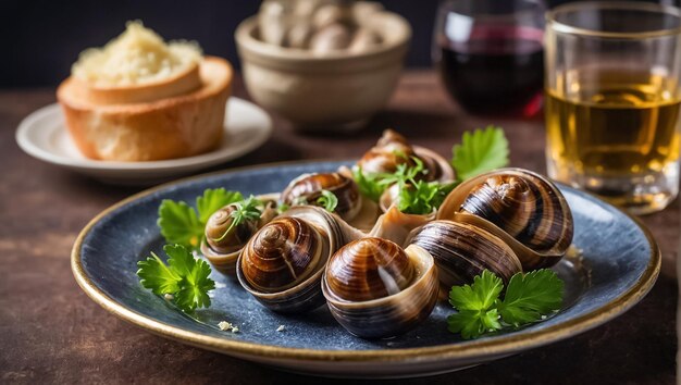 Photo des escargots cuits au four avec des herbes sur la table