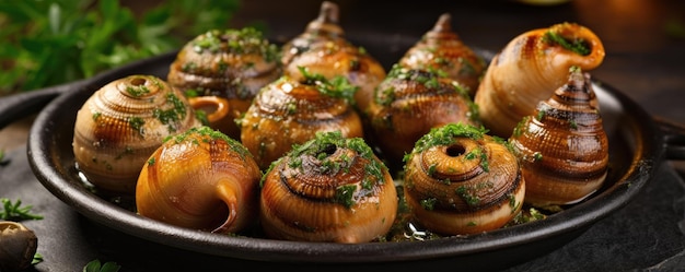 Des escargots cuits avec des épices et des herbes sur une table d'ardoise