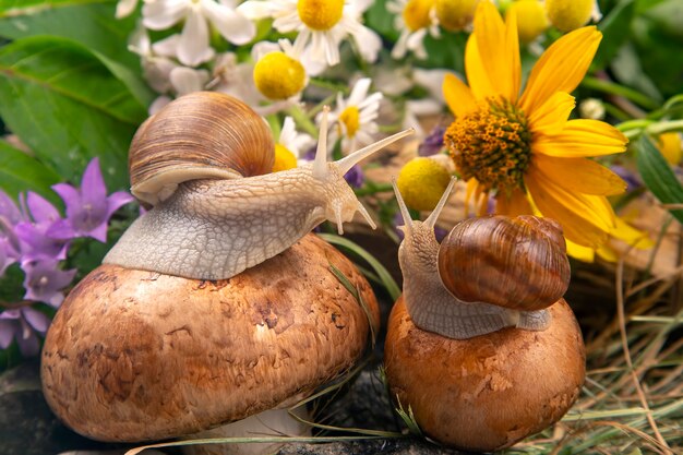 les escargots de raisin sont assis sur des champignons dans la nature. mollusque et invertébré.