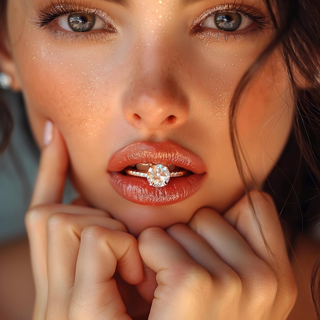 une escorte mercantile tient une bague en diamant d'or sur les lèvres en gros plan