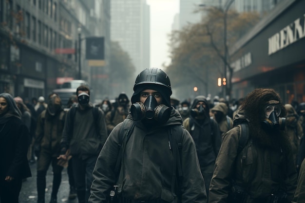 Photo une escouade portant des masques à gaz marche dans la rue de la ville lors d'un événement public.