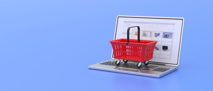 Photo eshop ecommerce shopping épicerie en ligne panier de supermarché sur une illustration 3d pour ordinateur portable