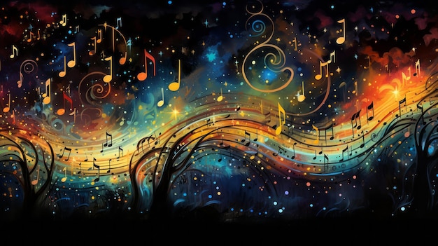 Un espace abstrait où les notes musicales forment une galaxie spirale d'étoiles scintillantes à chaque note dans une symphonie cosmique