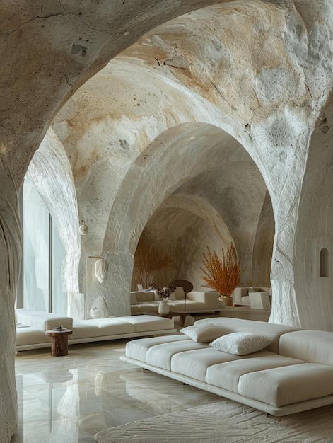 Un espace avec des arches blanches avec des meubles de style architecture minimaliste