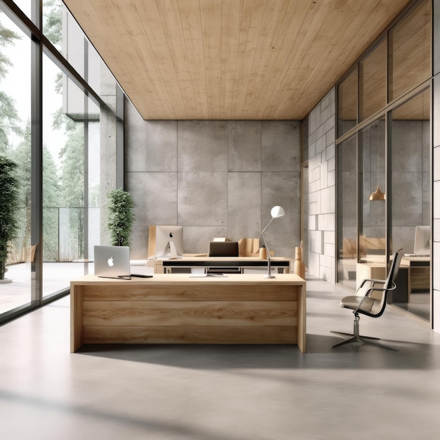 Un espace bureau avec bureau en bois dans le style contemporain en verre gris clair Generative Ai