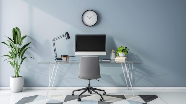Un espace de bureau contemporain avec un bureau en verre une chaise tournante moderne un tapis géométrique
