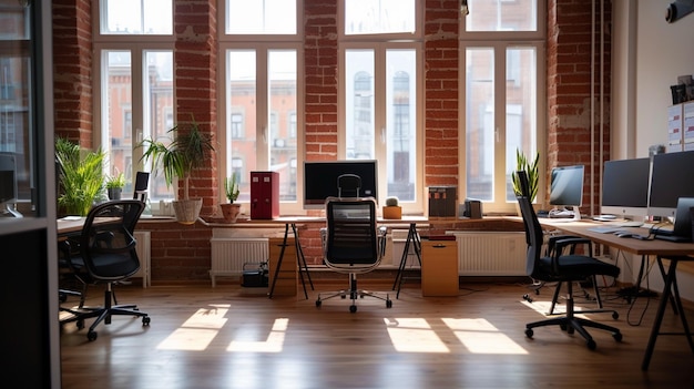 Photo espace de bureau créatif isolé avec des fenêtres sans personnes buton de retour focus généré par ai