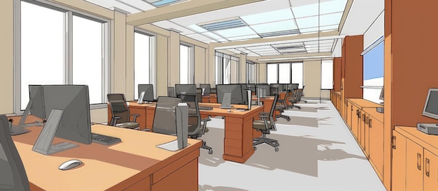Espace de bureau de design d'intérieur moderne avec ordinateur de chaise de table à rangées généré par l'IA pendant la journée