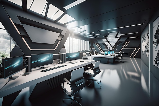 Un espace de bureau futuriste avec des espaces de travail ouverts et collaboratifs, des salles de conférence high-tech et des bureaux privés élégants