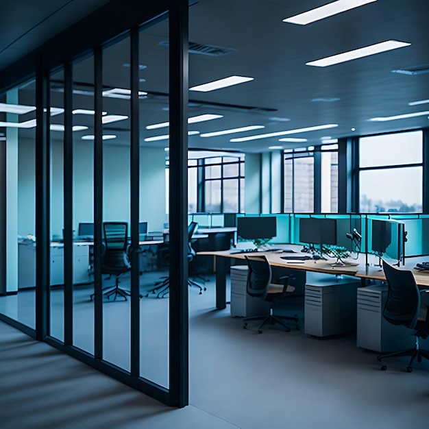 Espace de bureau futuriste moderne avec cloisons en verre élégantes, postes de travail ergonomiques, IA générative