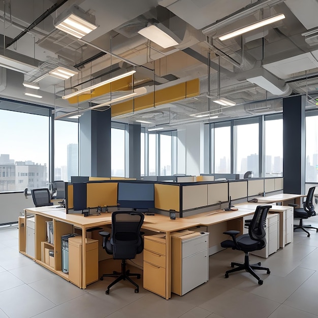 Un espace de bureau moderne avec des bureaux ergonomiques aux accents vibrants et une lumière naturelle générée par l'IA