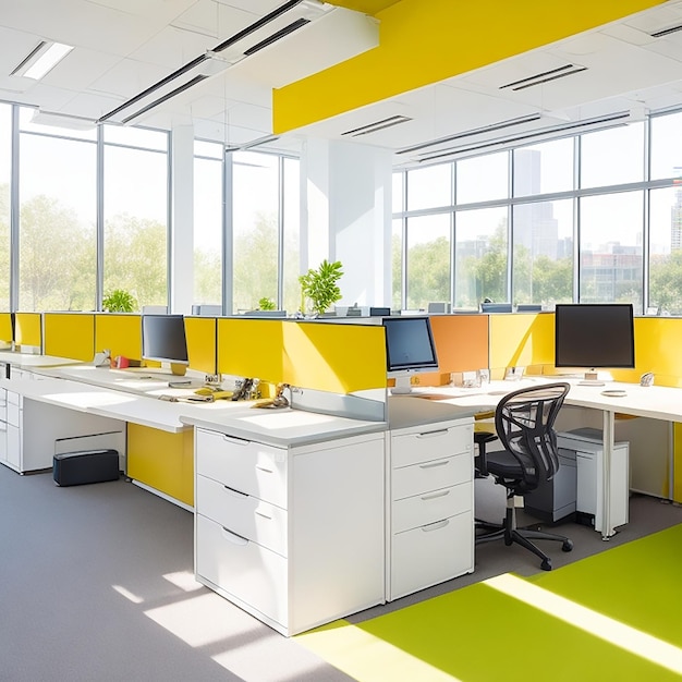 Un espace de bureau moderne avec des bureaux ergonomiques générés par l'IA