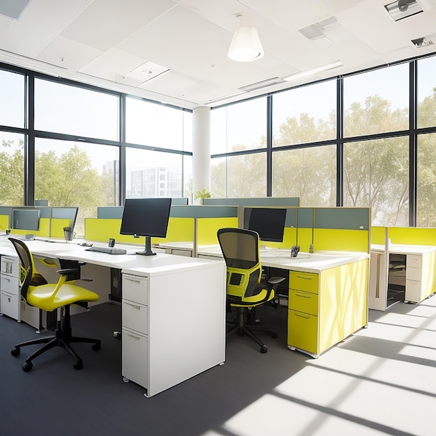 Un espace de bureau moderne avec des bureaux ergonomiques générés par l'IA