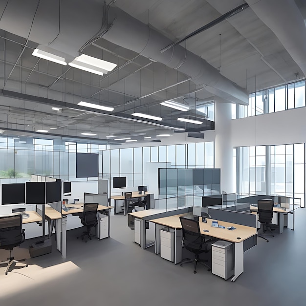 Espace de bureau moderne avec cloisons vitrées épurées postes de travail ergonomiques IA générative