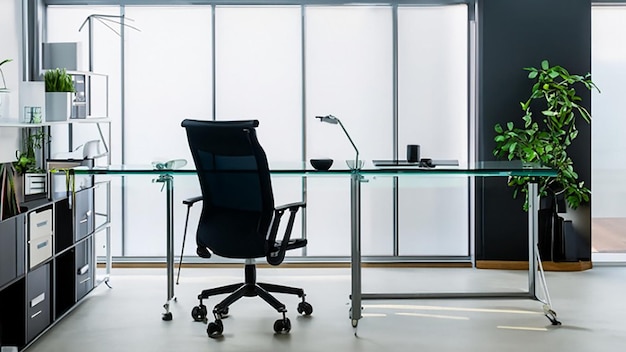 Espace de bureau moderne et lumineux avec un bureau en verre et une chaise de bureau ergonomique pour le chef d'entreprise