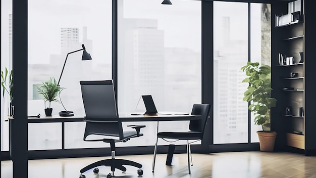 Espace de bureau moderne et lumineux avec un bureau en verre et une chaise de bureau ergonomique pour le chef d'entreprise