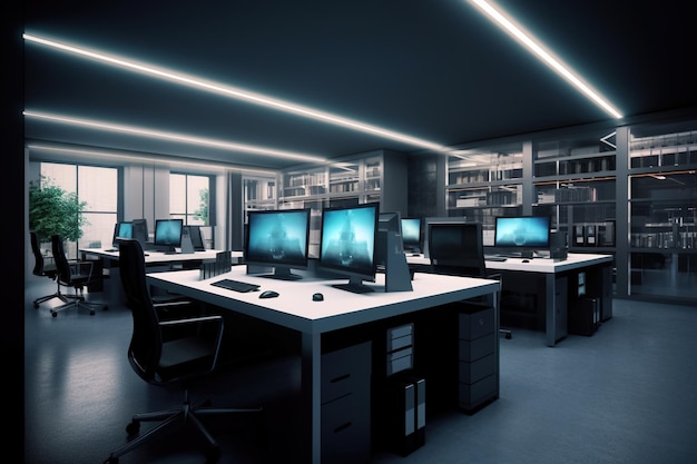 Espace de bureau moderne rempli d'une abondance de tables blanches Fabriqué avec l'IA générative