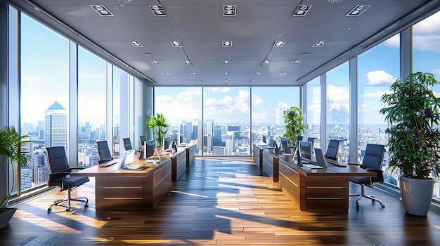 Espace de bureau moderne avec vue sur la ville Design lumineux et spacieux Environnement de travail contemporain