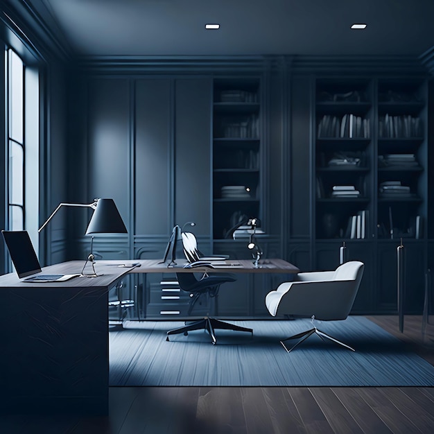Espace de bureau personnel dans des tons sombres avec une luxueuse table en bois sombre IA générative