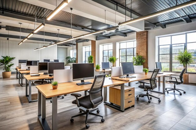 un espace de bureau vide avec des bureaux, des chaises et un ordinateur